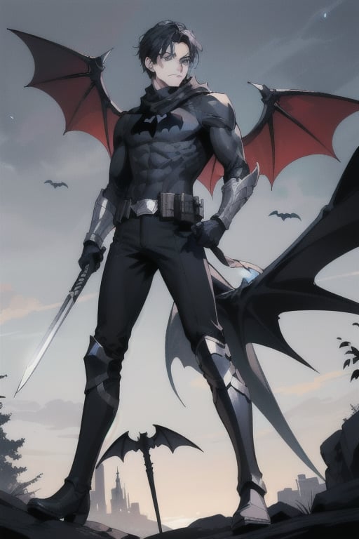 The animated version of Batman that belongs to the movie "Justice League x RWBY: Super Heroes & Huntsmen - Part 1" (He has black hair, dark blue eyes, black pants, gray boots with metal armor along them up to the knees, a gray breastplate with a black bat symbol on the chest and underneath, a black long-sleeved t-shirt, black metal bat-shaped shoulder pads, gray armbands with 3 side blades on the sides, black gloves, a gray scarf, a gray utility belt, 2 rapier type swords and the age of 17), where Batman/Bruce Wayne is a "Bat Faunus" (Human being with two huge black bat wings emerging from his back), in a landscape night with bats flying around.