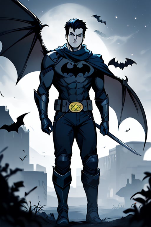 The animated version of Batman that belongs to the movie "Justice League x RWBY: Super Heroes & Huntsmen - Part 1" (He does have black hair, dark blue eyes, black pants, gray boots, gray metal knee pads, a gray breastplate with a black bat symbol on the front and underneath, a black long-sleeved t-shirt, black metal bat-shaped shoulder pads, gray armbands with 3 side blades on the sides, gloves blacks, a gray scarf, a gray utility belt and the age of 17), where Batman/Bruce Wayne is a "Bat Faunus" (Human being with two oversized black bat wings emerging from his back), in a landscape night with bats flying around,