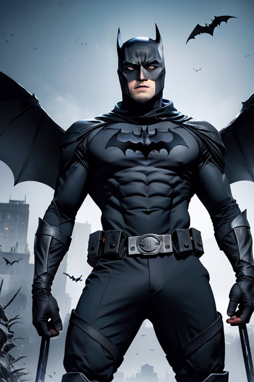 The animated version of Batman that belongs to the movie "Justice League x RWBY: Super Heroes & Huntsmen - Part 1" (He does have black hair, dark blue eyes, black pants, gray boots, gray metal knee pads, a gray breastplate with a black bat symbol on the front and underneath, a black long-sleeved t-shirt, black metal bat-shaped shoulder pads, gray armbands with 3 side blades on the sides, gloves blacks, a gray scarf, a gray utility belt and the age of 17), where Batman/Bruce Wayne is a "Bat Faunus" (Human being with two oversized black bat wings emerging from his back), in a landscape night with bats flying around,