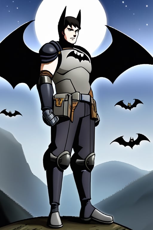 The animated version of Batman that belongs to the movie "Justice League x RWBY: Super Heroes & Huntsmen - Part 1" (He does have black hair, dark blue eyes, black pants, gray boots, gray metal knee pads, a gray breastplate with a black bat symbol on the front and underneath, a black long-sleeved t-shirt, black metal bat-shaped shoulder pads, gray armbands with 3 side blades on the sides, gloves blacks, a gray scarf, a gray utility belt and the age of 17), where Batman/Bruce Wayne is a "Bat Faunus" (Human being with two oversized black bat wings emerging from his back), in a landscape night.