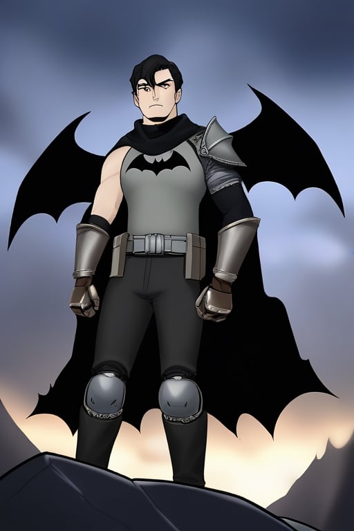 The animated version of Batman that belongs to the movie "Justice League x RWBY: Super Heroes & Huntsmen - Part 1" (He does have black hair, dark blue eyes, black pants, gray boots, gray metal knee pads, a gray breastplate with a black bat symbol on the front and underneath, a black long-sleeved t-shirt, black metal bat-shaped shoulder pads, gray armbands with 3 side blades on the sides, gloves blacks, a gray scarf, a gray utility belt and the age of 17), where Batman/Bruce Wayne is a "Bat Faunus" (Human being with two oversized black bat wings emerging from his back), in a landscape night.