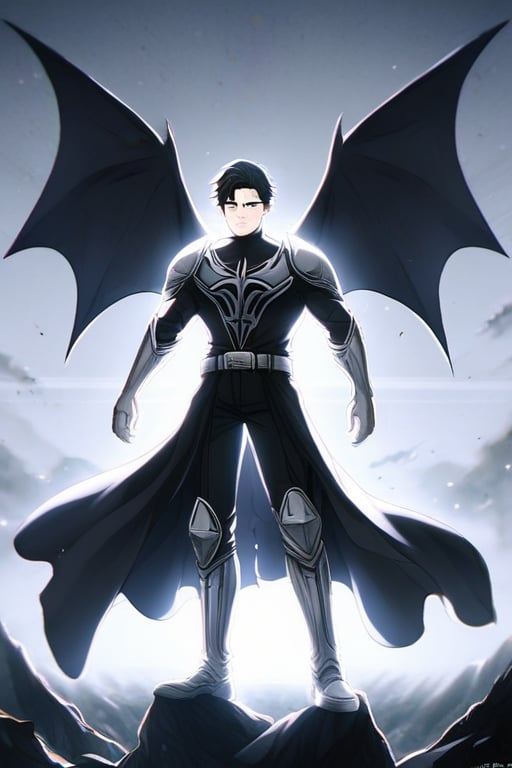 The animated version of Batman that belongs to the movie "Justice League x RWBY: Super Heroes & Huntsmen - Part 1" (He does have black hair, dark blue eyes, black pants, gray boots, gray metal knee pads, a gray breastplate with a black bat symbol on the front and underneath, a black long-sleeved t-shirt, black metal bat-shaped shoulder pads, gray armbands with 3 side blades on the sides, gloves blacks, a gray scarf, a gray utility belt and the age of 17), where Batman/Bruce Wayne is a "Bat Faunus" (Human being with two oversized black bat wings emerging from his back), in a landscape night with bats flying around,