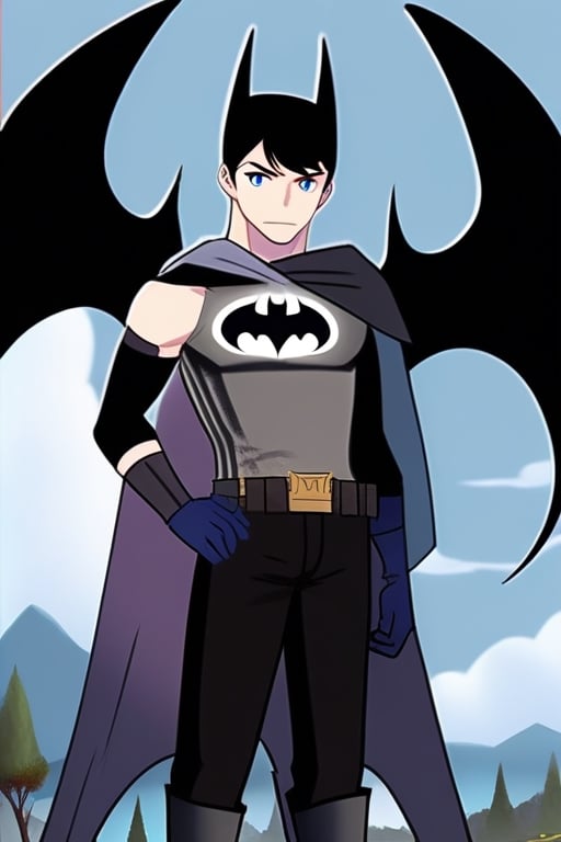 The animated version of Batman that belongs to the movie "Justice League x RWBY: Super Heroes & Huntsmen - Part 1" (He does have black hair, dark blue eyes, black pants, gray boots, gray metal knee pads, a gray breastplate with a black bat symbol on the front and underneath, a black long-sleeved t-shirt, black metal bat-shaped shoulder pads, gray armbands with 3 side blades on the sides, gloves blacks, a gray scarf, a gray utility belt and the age of 17), where Batman/Bruce Wayne is a "Bat Faunus" (Human being with two oversized black bat wings emerging from his back), in a landscape night.