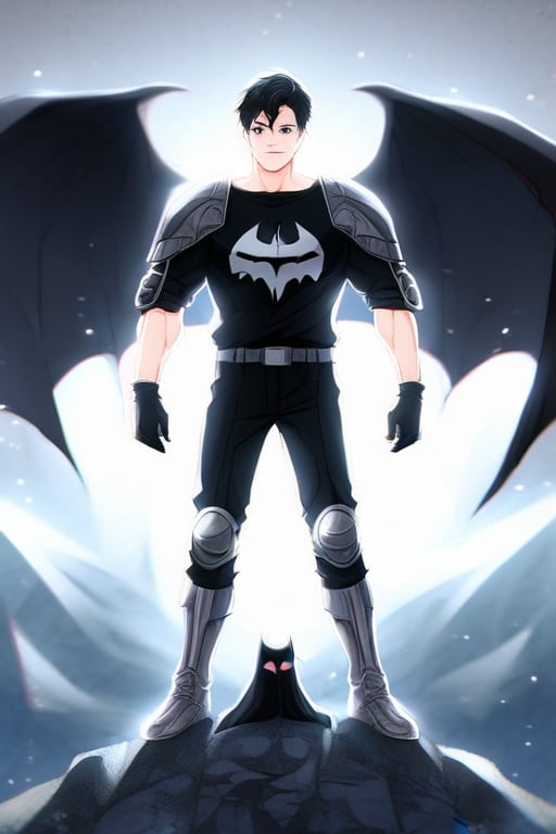 The animated version of Batman that belongs to the movie "Justice League x RWBY: Super Heroes & Huntsmen - Part 1" (He does have black hair, dark blue eyes, black pants, gray boots, gray metal knee pads, a gray breastplate with a black bat symbol on the front and underneath, a black long-sleeved t-shirt, black metal bat-shaped shoulder pads, gray armbands with 3 side blades on the sides, gloves blacks, a gray scarf, a gray utility belt and the age of 17), where Batman/Bruce Wayne is a "Bat Faunus" (Human being with two oversized black bat wings emerging from his back), in a landscape night with bats flying around.