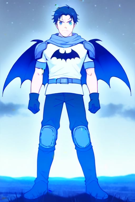 The animated version of Batman that belongs to the movie "Justice League x RWBY: Super Heroes & Huntsmen - Part 1" (He does have black hair, dark blue eyes, black pants, gray boots, gray metal knee pads, a gray breastplate with a black bat symbol on the front and underneath, a black long-sleeved t-shirt, black metal bat-shaped shoulder pads, gray armbands with 3 side blades on the sides, gloves blacks, a gray scarf, a gray utility belt and the age of 17), where Batman/Bruce Wayne is a "Bat Faunus" (Human being with two oversized black bat wings emerging from his back), in a landscape night.