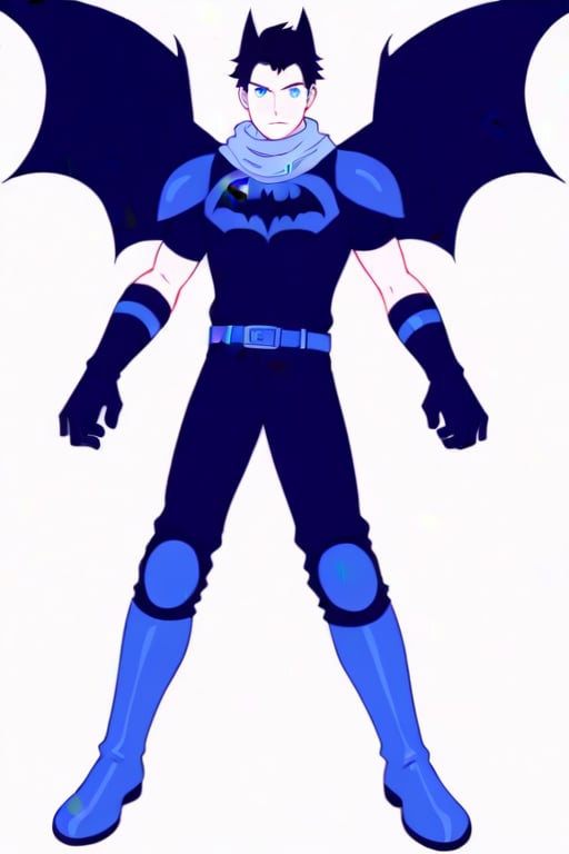 The animated version of Batman that belongs to the movie "Justice League x RWBY: Super Heroes & Huntsmen - Part 1" (He does have black hair, dark blue eyes, black pants, gray boots, gray metal knee pads, a gray breastplate with a black bat symbol on the front and underneath, a black long-sleeved t-shirt, black metal bat-shaped shoulder pads, gray armbands with 3 side blades on the sides, gloves blacks, a gray scarf, a gray utility belt and the age of 17), where Batman/Bruce Wayne is a "Bat Faunus" (Human being with two oversized black bat wings emerging from his back), in a landscape night with bats flying around..