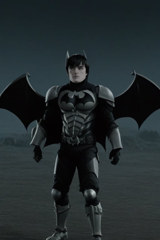 The animated version of Batman that belongs to the movie "Justice League x RWBY: Super Heroes & Huntsmen - Part 1" (He does have black hair, dark blue eyes, black pants, gray boots, gray metal knee pads, a gray breastplate with a black bat symbol on the front and underneath, a black long-sleeved t-shirt, black metal bat-shaped shoulder pads, gray armbands with 3 side blades on the sides, gloves blacks, a gray scarf, a gray utility belt and the age of 17), where Batman/Bruce Wayne is a "Bat Faunus" (Human being with two oversized black bat wings emerging from his back), in a landscape night.,Movie Still