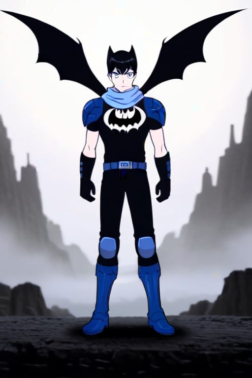 The animated version of Batman that belongs to the movie "Justice League x RWBY: Super Heroes & Huntsmen - Part 1" (He does have black hair, dark blue eyes, black pants, gray boots, gray metal knee pads, a gray breastplate with a black bat symbol on the front and underneath, a black long-sleeved t-shirt, black metal bat-shaped shoulder pads, gray armbands with 3 side blades on the sides, gloves blacks, a gray scarf, a gray utility belt and the age of 17), where Batman/Bruce Wayne is a "Bat Faunus" (Human being with two oversized black bat wings emerging from his back), in a landscape night with bats flying around..