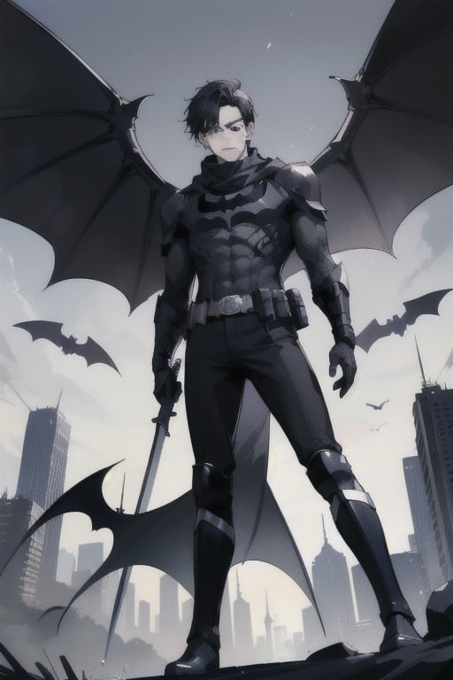 The animated version of Batman that belongs to the movie "Justice League x RWBY: Super Heroes & Huntsmen - Part 1" (He has black hair, dark blue eyes, black pants, gray boots with metal armor along them up to the knees, a gray breastplate with a black bat symbol on the chest and underneath, a black long-sleeved t-shirt, black metal bat-shaped shoulder pads, gray armbands with 3 side blades on the sides, black gloves, a gray scarf, a gray utility belt, 2 rapier type swords and the age of 17), where Batman/Bruce Wayne is a "Bat Faunus" (Human being with two huge black bat wings emerging from his back), in a landscape night with bats flying around.