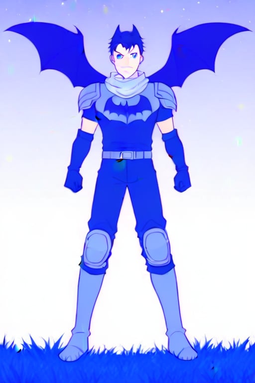 The animated version of Batman that belongs to the movie "Justice League x RWBY: Super Heroes & Huntsmen - Part 1" (He does have black hair, dark blue eyes, black pants, gray boots, gray metal knee pads, a gray breastplate with a black bat symbol on the front and underneath, a black long-sleeved t-shirt, black metal bat-shaped shoulder pads, gray armbands with 3 side blades on the sides, gloves blacks, a gray scarf, a gray utility belt and the age of 17), where Batman/Bruce Wayne is a "Bat Faunus" (Human being with two oversized black bat wings emerging from his back), in a landscape night.