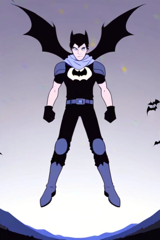 The animated version of Batman that belongs to the movie "Justice League x RWBY: Super Heroes & Huntsmen - Part 1" (He does have black hair, dark blue eyes, black pants, gray boots, gray metal knee pads, a gray breastplate with a black bat symbol on the front and underneath, a black long-sleeved t-shirt, black metal bat-shaped shoulder pads, gray armbands with 3 side blades on the sides, gloves blacks, a gray scarf, a gray utility belt and the age of 17), where Batman/Bruce Wayne is a "Bat Faunus" (Human being with two oversized black bat wings emerging from his back), in a landscape night with bats flying around..