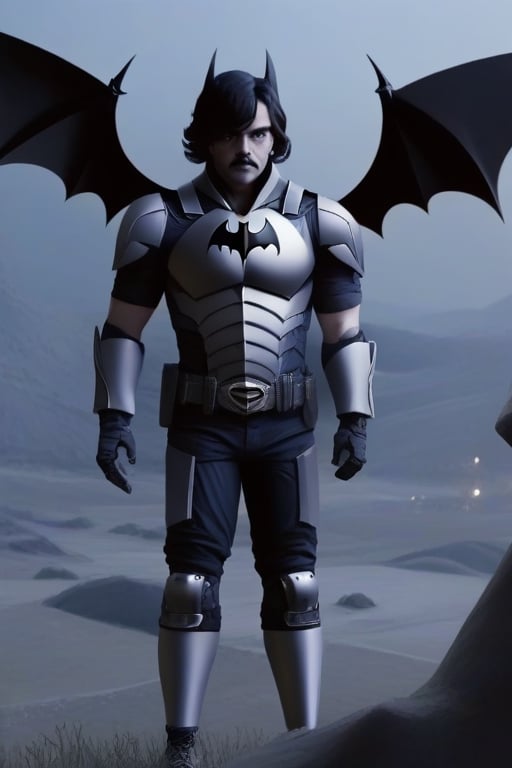 The animated version of Batman that belongs to the movie "Justice League x RWBY: Super Heroes & Huntsmen - Part 1" (He does have black hair, dark blue eyes, black pants, gray boots, gray metal knee pads, a gray breastplate with a black bat symbol on the front and underneath, a black long-sleeved t-shirt, black metal bat-shaped shoulder pads, gray armbands with 3 side blades on the sides, gloves blacks, a gray scarf, a gray utility belt and the age of 17), where Batman/Bruce Wayne is a "Bat Faunus" (Human being with two oversized black bat wings emerging from his back), in a landscape night.