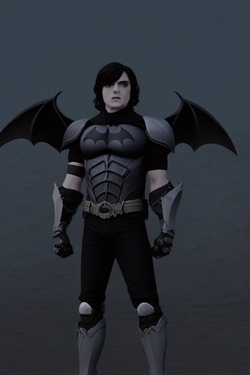 The animated version of Batman that belongs to the movie "Justice League x RWBY: Super Heroes & Huntsmen - Part 1" (He does have black hair, dark blue eyes, black pants, gray boots, gray metal knee pads, a gray breastplate with a black bat symbol on the front and underneath, a black long-sleeved t-shirt, black metal bat-shaped shoulder pads, gray armbands with 3 side blades on the sides, gloves blacks, a gray scarf, a gray utility belt and the age of 17), where Batman/Bruce Wayne is a "Bat Faunus" (Human being with two oversized black bat wings emerging from his back), in a landscape night.