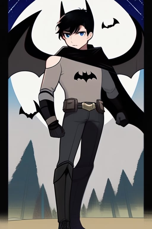 The animated version of Batman that belongs to the movie "Justice League x RWBY: Super Heroes & Huntsmen - Part 1" (He does have black hair, dark blue eyes, black pants, gray boots, gray metal knee pads, a gray breastplate with a black bat symbol on the front and underneath, a black long-sleeved t-shirt, black metal bat-shaped shoulder pads, gray armbands with 3 side blades on the sides, gloves blacks, a gray scarf, a gray utility belt and the age of 17), where Batman/Bruce Wayne is a "Bat Faunus" (Human being with two oversized black bat wings emerging from his back), in a landscape night.