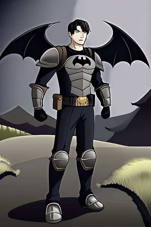 The animated version of Batman that belongs to the movie "Justice League x RWBY: Super Heroes & Huntsmen - Part 1" (He does have black hair, dark blue eyes, black pants, gray boots, gray metal knee pads, a gray breastplate with a black bat symbol on the front and underneath, a black long-sleeved t-shirt, black metal bat-shaped shoulder pads, gray armbands with 3 side blades on the sides, gloves blacks, a gray scarf, a gray utility belt and the age of 17), where Batman/Bruce Wayne is a "Bat Faunus" (Human being with two oversized black bat wings emerging from his back), in a landscape night.