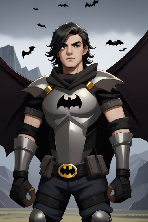 The animated version of Batman that belongs to the movie "Justice League x RWBY: Super Heroes & Huntsmen - Part 1" (He does have black hair, dark blue eyes, black pants, gray boots, gray metal knee pads, a gray breastplate with a black bat symbol on the front and underneath, a black long-sleeved t-shirt, black metal bat-shaped shoulder pads, gray armbands with 3 side blades on the sides, gloves blacks, a gray scarf, a gray utility belt and the age of 17), where Batman/Bruce Wayne is a "Bat Faunus" (Human being with two oversized black bat wings emerging from his back), in a landscape night.