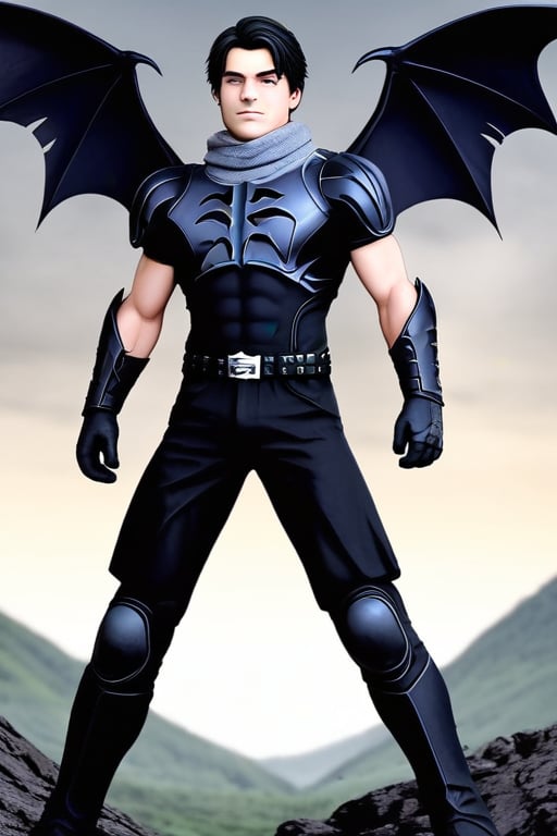 The animated version of Batman that belongs to the movie "Justice League x RWBY: Super Heroes & Huntsmen - Part 1" (He does have black hair, dark blue eyes, black pants, gray boots, gray metal knee pads, a gray breastplate with a black bat symbol on the front and underneath, a black long-sleeved t-shirt, black metal bat-shaped shoulder pads, gray armbands with 3 side blades on the sides, gloves blacks, a gray scarf, a gray utility belt and the age of 17), where Batman/Bruce Wayne is a "Bat Faunus" (Human being with two oversized black bat wings emerging from his back), in a landscape night with bats flying around.,DonM3lv3nM4g1cXL