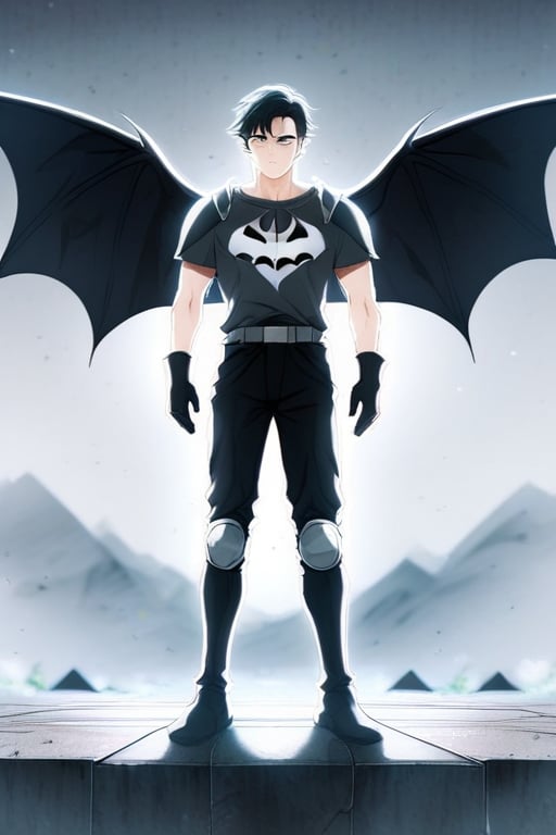 The animated version of Batman that belongs to the movie "Justice League x RWBY: Super Heroes & Huntsmen - Part 1" (He does have black hair, dark blue eyes, black pants, gray boots, gray metal knee pads, a gray breastplate with a black bat symbol on the front and underneath, a black long-sleeved t-shirt, black metal bat-shaped shoulder pads, gray armbands with 3 side blades on the sides, gloves blacks, a gray scarf, a gray utility belt and the age of 17), where Batman/Bruce Wayne is a "Bat Faunus" (Human being with two oversized black bat wings emerging from his back), in a landscape night with bats flying around.