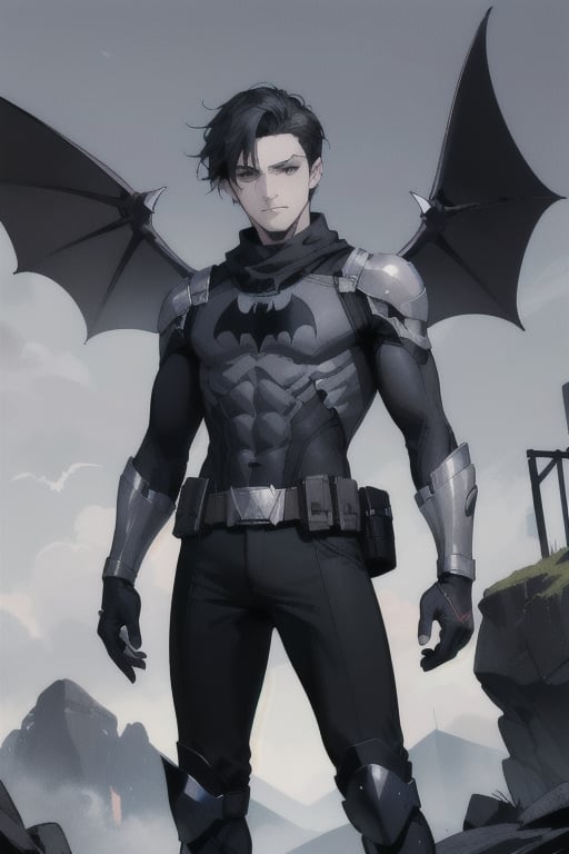 The animated version of Batman that belongs to the movie "Justice League x RWBY: Super Heroes & Huntsmen - Part 1" (He does have black hair, dark blue eyes, black pants, gray boots, gray metal knee pads, a gray breastplate with a black bat symbol on the front and underneath, a black long-sleeved t-shirt, black metal bat-shaped shoulder pads, gray armbands with 3 side blades on the sides, gloves blacks, a gray scarf, a gray utility belt and the age of 17), where Batman/Bruce Wayne is a "Bat Faunus" (Human being with two oversized black bat wings emerging from his back), in a landscape night with bats flying around.,IncrsChokeMeme,Padoru_Meme,finger frame,1guy