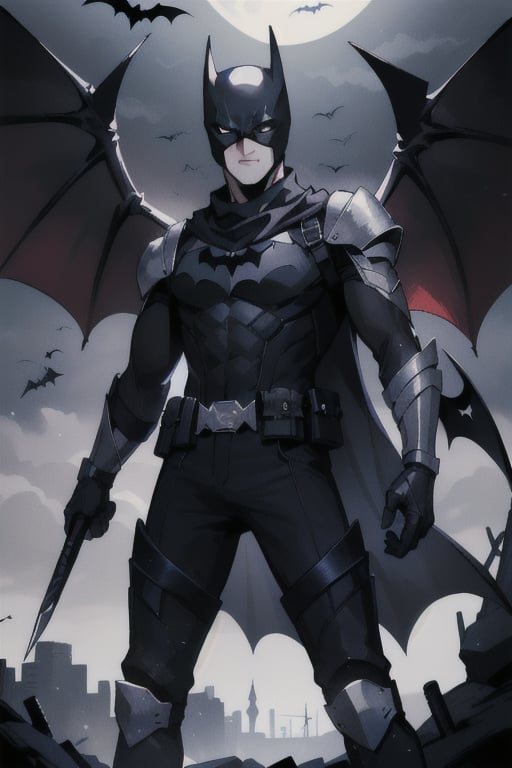 The animated version of Batman that belongs to the movie "Justice League x RWBY: Super Heroes & Huntsmen - Part 1" (He does have black hair, dark blue eyes, black pants, gray boots, gray metal knee pads, a gray breastplate with a black bat symbol on the front and underneath, a black long-sleeved t-shirt, black metal bat-shaped shoulder pads, gray armbands with 3 side blades on the sides, gloves blacks, a gray scarf, a gray utility belt and the age of 17), where Batman/Bruce Wayne is a "Bat Faunus" (Human being with two oversized black bat wings emerging from his back), in a landscape night with bats flying around.