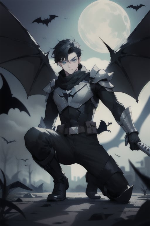 The animated version of Batman that belongs to the movie "Justice League x RWBY: Super Heroes & Huntsmen - Part 1" (He has black hair, dark blue eyes, black pants, gray boots with metal armor along them up to the knees, a gray breastplate with a black bat symbol on the chest and underneath, a black long-sleeved t-shirt, black metal bat-shaped shoulder pads, gray armbands with 3 side blades on the sides, black gloves, a gray scarf, a gray utility belt, 2 rapier type swords and the age of 17), where Batman/Bruce Wayne is a "Bat Faunus" (Human being with two huge black bat wings emerging from his back), in a landscape night with bats flying around.,green theme