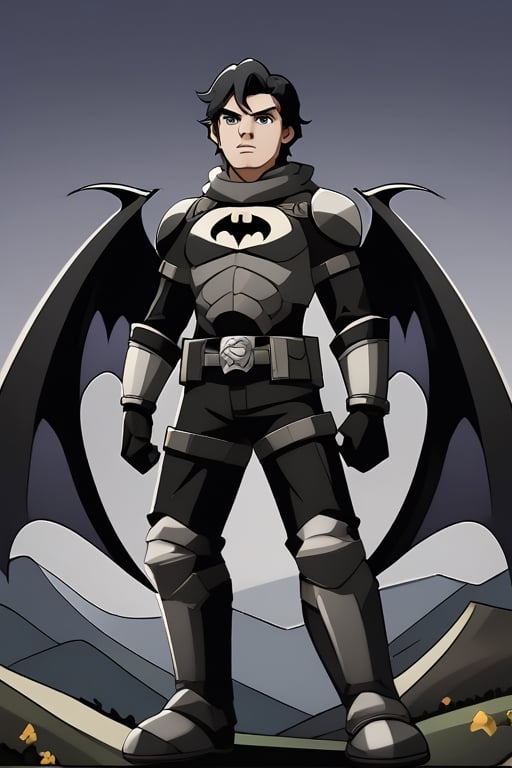 The animated version of Batman that belongs to the movie "Justice League x RWBY: Super Heroes & Huntsmen - Part 1" (He does have black hair, dark blue eyes, black pants, gray boots, gray metal knee pads, a gray breastplate with a black bat symbol on the front and underneath, a black long-sleeved t-shirt, black metal bat-shaped shoulder pads, gray armbands with 3 side blades on the sides, gloves blacks, a gray scarf, a gray utility belt and the age of 17), where Batman/Bruce Wayne is a "Bat Faunus" (Human being with two oversized black bat wings emerging from his back), in a landscape night.