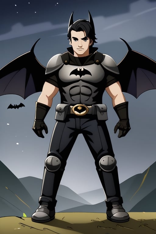 The animated version of Batman that belongs to the movie "Justice League x RWBY: Super Heroes & Huntsmen - Part 1" (He does have black hair, dark blue eyes, black pants, gray boots, gray metal knee pads, a gray breastplate with a black bat symbol on the front and underneath, a black long-sleeved t-shirt, black metal bat-shaped shoulder pads, gray armbands with 3 side blades on the sides, gloves blacks, a gray scarf, a gray utility belt and the age of 17), where Batman/Bruce Wayne is a "Bat Faunus" (Human being with two oversized black bat wings emerging from his back), in a landscape night.