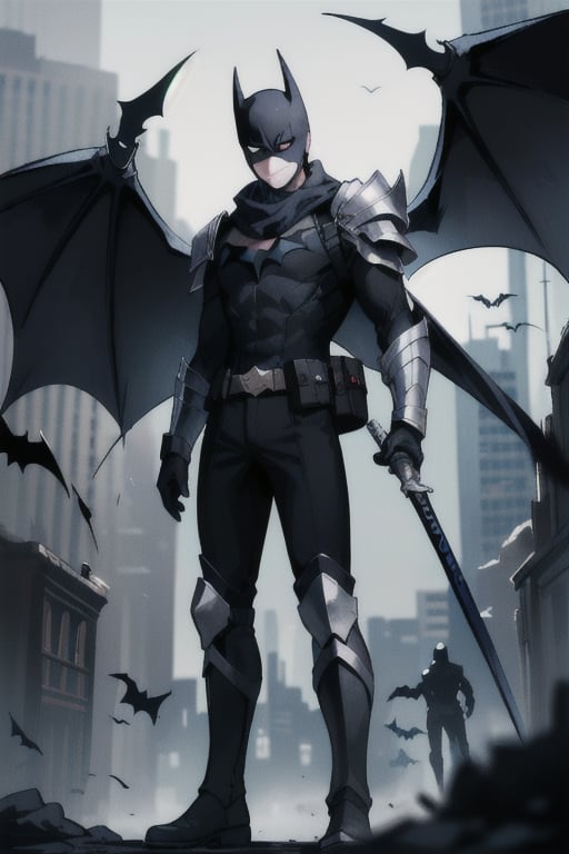 The animated version of Batman that belongs to the movie "Justice League x RWBY: Super Heroes & Huntsmen - Part 1" (He has black hair, dark blue eyes, black pants, gray boots with metal armor along them up to the knees, a gray breastplate with a black bat symbol on the chest and underneath, a black long-sleeved t-shirt, black metal bat-shaped shoulder pads, gray armbands with 3 side blades on the sides, black gloves, a gray scarf, a gray utility belt, 2 rapier type swords and the age of 17), where Batman/Bruce Wayne is a "Bat Faunus" (Human being with two huge black bat wings emerging from his back), in a landscape night with bats flying around.