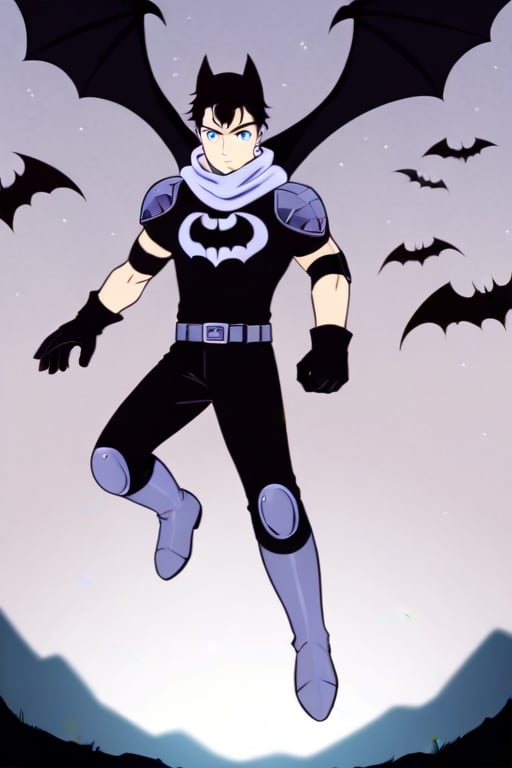 The animated version of Batman that belongs to the movie "Justice League x RWBY: Super Heroes & Huntsmen - Part 1" (He does have black hair, dark blue eyes, black pants, gray boots, gray metal knee pads, a gray breastplate with a black bat symbol on the front and underneath, a black long-sleeved t-shirt, black metal bat-shaped shoulder pads, gray armbands with 3 side blades on the sides, gloves blacks, a gray scarf, a gray utility belt and the age of 17), where Batman/Bruce Wayne is a "Bat Faunus" (Human being with two oversized black bat wings emerging from his back), in a landscape night with bats flying around..