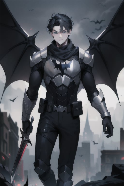 The animated version of Batman that belongs to the movie "Justice League x RWBY: Super Heroes & Huntsmen - Part 1" (He has black hair, dark blue eyes, black pants, gray boots with metal armor along them up to the knees, a gray breastplate with a black bat symbol on the chest and underneath, a black long-sleeved t-shirt, black metal bat-shaped shoulder pads, gray armbands with 3 side blades on the sides, black gloves, a gray scarf, a gray utility belt, 2 rapier type swords and the age of 17), where Batman/Bruce Wayne is a "Bat Faunus" (Human being with two huge black bat wings emerging from his back), in a landscape night with bats flying around.