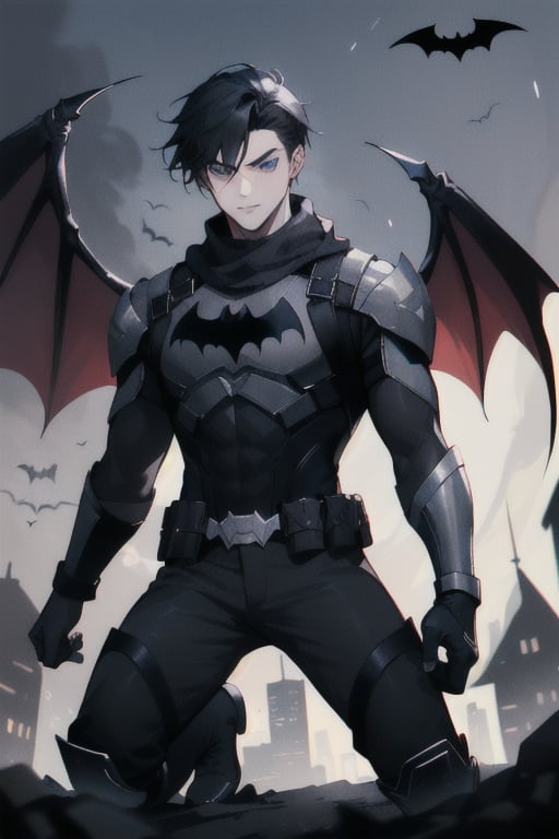 The animated version of Batman that belongs to the movie "Justice League x RWBY: Super Heroes & Huntsmen - Part 1" (He does have black hair, dark blue eyes, black pants, gray boots, gray metal knee pads, a gray breastplate with a black bat symbol on the front and underneath, a black long-sleeved t-shirt, black metal bat-shaped shoulder pads, gray armbands with 3 side blades on the sides, gloves blacks, a gray scarf, a gray utility belt and the age of 17), where Batman/Bruce Wayne is a "Bat Faunus" (Human being with two oversized black bat wings emerging from his back), in a landscape night with bats flying around.