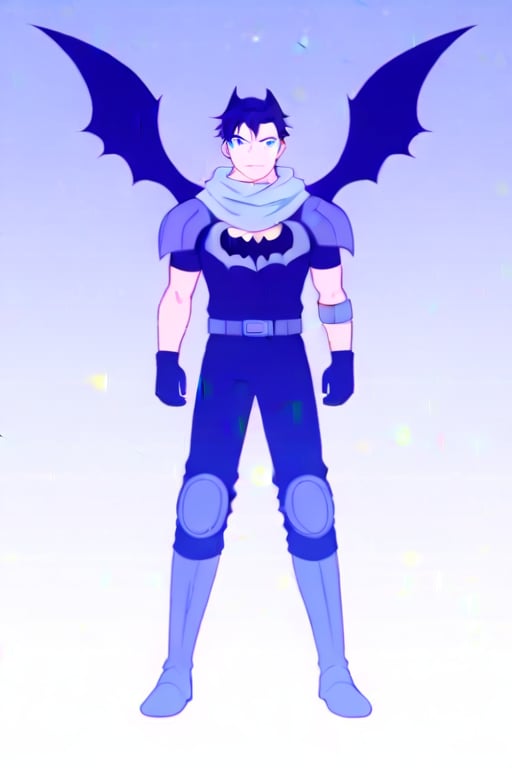 The animated version of Batman that belongs to the movie "Justice League x RWBY: Super Heroes & Huntsmen - Part 1" (He does have black hair, dark blue eyes, black pants, gray boots, gray metal knee pads, a gray breastplate with a black bat symbol on the front and underneath, a black long-sleeved t-shirt, black metal bat-shaped shoulder pads, gray armbands with 3 side blades on the sides, gloves blacks, a gray scarf, a gray utility belt and the age of 17), where Batman/Bruce Wayne is a "Bat Faunus" (Human being with two oversized black bat wings emerging from his back), in a landscape night.