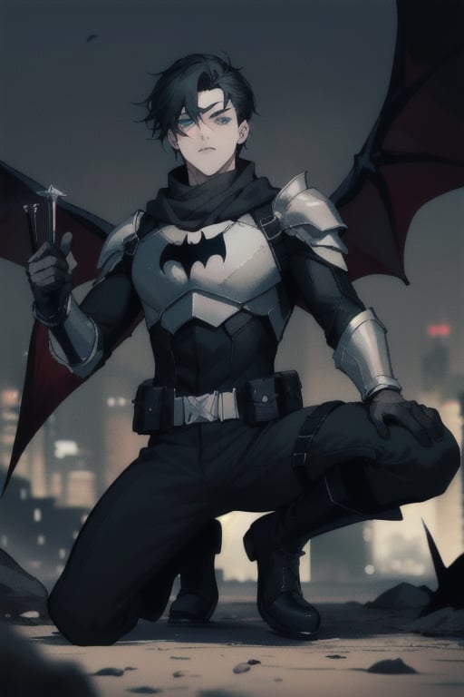 The animated version of Batman that belongs to the movie "Justice League x RWBY: Super Heroes & Huntsmen - Part 1" (He has black hair, dark blue eyes, black pants, gray boots with metal armor along them up to the knees, a gray breastplate with a black bat symbol on the chest and underneath, a black long-sleeved t-shirt, black metal bat-shaped shoulder pads, gray armbands with 3 side blades on the sides, black gloves, a gray scarf, a gray utility belt, 2 rapier type swords and the age of 17), where Batman/Bruce Wayne is a "Bat Faunus" (Human being with two huge black bat wings emerging from his back), in a landscape night with bats flying around.,green theme