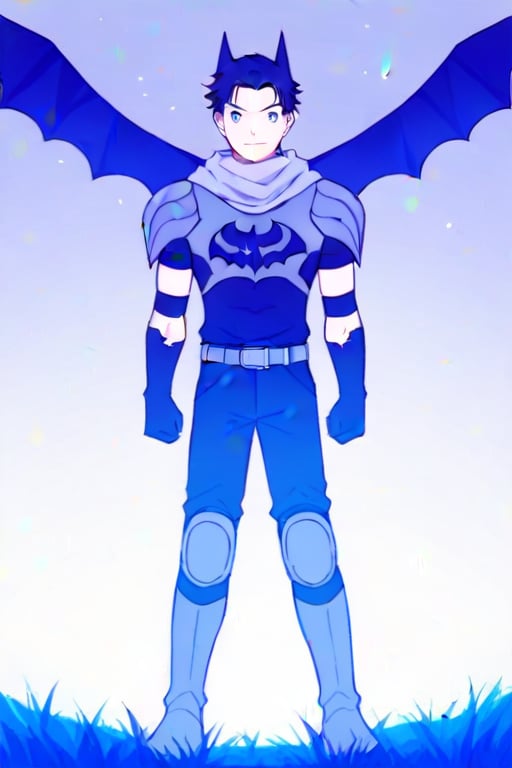 The animated version of Batman that belongs to the movie "Justice League x RWBY: Super Heroes & Huntsmen - Part 1" (He does have black hair, dark blue eyes, black pants, gray boots, gray metal knee pads, a gray breastplate with a black bat symbol on the front and underneath, a black long-sleeved t-shirt, black metal bat-shaped shoulder pads, gray armbands with 3 side blades on the sides, gloves blacks, a gray scarf, a gray utility belt and the age of 17), where Batman/Bruce Wayne is a "Bat Faunus" (Human being with two oversized black bat wings emerging from his back), in a landscape night.