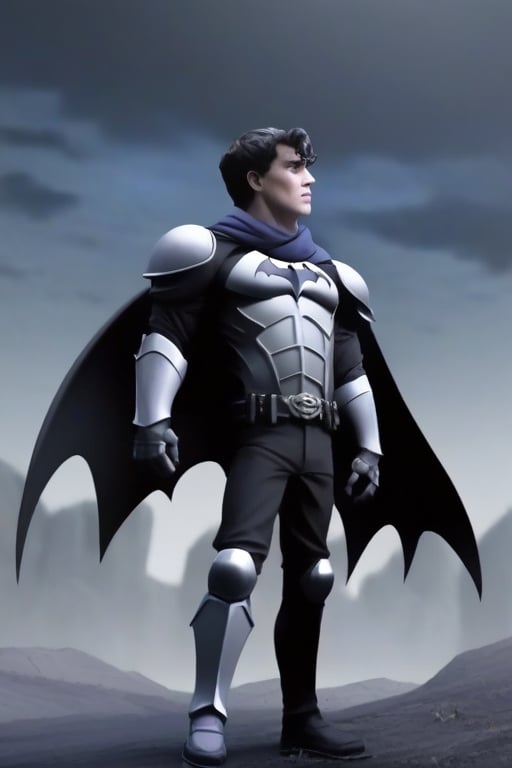 The animated version of Batman that belongs to the movie "Justice League x RWBY: Super Heroes & Huntsmen - Part 1" (He does have black hair, dark blue eyes, black pants, gray boots, gray metal knee pads, a gray breastplate with a black bat symbol on the front and underneath, a black long-sleeved t-shirt, black metal bat-shaped shoulder pads, gray armbands with 3 side blades on the sides, gloves blacks, a gray scarf, a gray utility belt and the age of 17), where Batman/Bruce Wayne is a "Bat Faunus" (Human being with two oversized black bat wings emerging from his back), in a landscape night.