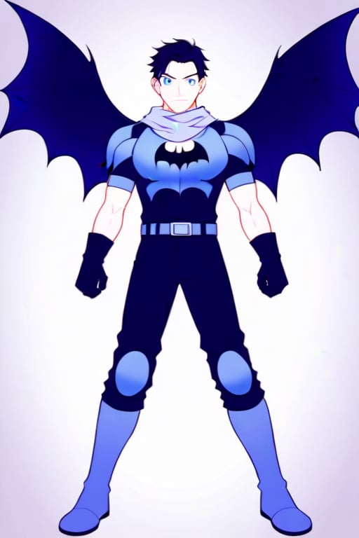 The animated version of Batman that belongs to the movie "Justice League x RWBY: Super Heroes & Huntsmen - Part 1" (He does have black hair, dark blue eyes, black pants, gray boots, gray metal knee pads, a gray breastplate with a black bat symbol on the front and underneath, a black long-sleeved t-shirt, black metal bat-shaped shoulder pads, gray armbands with 3 side blades on the sides, gloves blacks, a gray scarf, a gray utility belt and the age of 17), where Batman/Bruce Wayne is a "Bat Faunus" (Human being with two oversized black bat wings emerging from his back), in a landscape night with bats flying around..