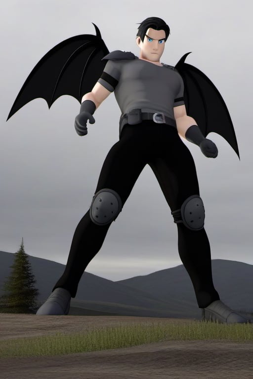 The animated version of Batman that belongs to the movie "Justice League x RWBY: Super Heroes & Huntsmen - Part 1" (He does have black hair, dark blue eyes, black pants, gray boots, gray metal knee pads, a gray breastplate with a black bat symbol on the front and underneath, a black long-sleeved t-shirt, black metal bat-shaped shoulder pads, gray armbands with 3 side blades on the sides, gloves blacks, a gray scarf, a gray utility belt and the age of 17), where Batman/Bruce Wayne is a "Bat Faunus" (Human being with two oversized black bat wings emerging from his back), in a landscape night.,disney pixar style,3D