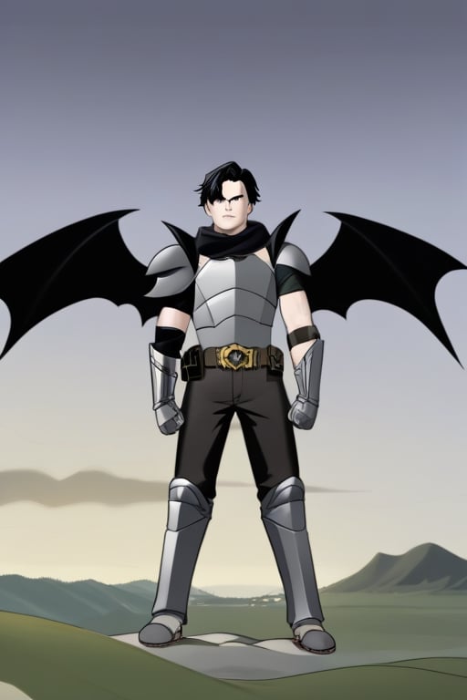 The animated version of Batman that belongs to the movie "Justice League x RWBY: Super Heroes & Huntsmen - Part 1" (He does have black hair, dark blue eyes, black pants, gray boots, gray metal knee pads, a gray breastplate with a black bat symbol on the front and underneath, a black long-sleeved t-shirt, black metal bat-shaped shoulder pads, gray armbands with 3 side blades on the sides, gloves blacks, a gray scarf, a gray utility belt and the age of 17), where Batman/Bruce Wayne is a "Bat Faunus" (Human being with two oversized black bat wings emerging from his back), in a landscape night.