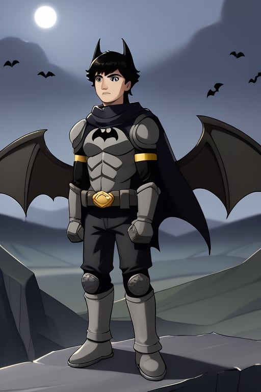 The animated version of Batman that belongs to the movie "Justice League x RWBY: Super Heroes & Huntsmen - Part 1" (He does have black hair, dark blue eyes, black pants, gray boots, gray metal knee pads, a gray breastplate with a black bat symbol on the front and underneath, a black long-sleeved t-shirt, black metal bat-shaped shoulder pads, gray armbands with 3 side blades on the sides, gloves blacks, a gray scarf, a gray utility belt and the age of 17), where Batman/Bruce Wayne is a "Bat Faunus" (Human being with two oversized black bat wings emerging from his back), in a landscape night.