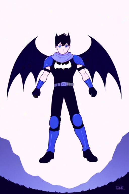 The animated version of Batman that belongs to the movie "Justice League x RWBY: Super Heroes & Huntsmen - Part 1" (He does have black hair, dark blue eyes, black pants, gray boots, gray metal knee pads, a gray breastplate with a black bat symbol on the front and underneath, a black long-sleeved t-shirt, black metal bat-shaped shoulder pads, gray armbands with 3 side blades on the sides, gloves blacks, a gray scarf, a gray utility belt and the age of 17), where Batman/Bruce Wayne is a "Bat Faunus" (Human being with two oversized black bat wings emerging from his back), in a landscape night with bats flying around..