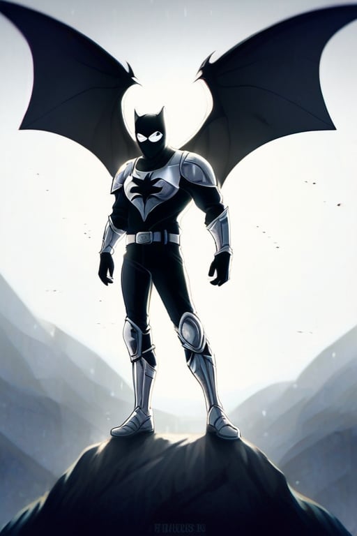 The animated version of Batman that belongs to the movie "Justice League x RWBY: Super Heroes & Huntsmen - Part 1" (He does have black hair, dark blue eyes, black pants, gray boots, gray metal knee pads, a gray breastplate with a black bat symbol on the front and underneath, a black long-sleeved t-shirt, black metal bat-shaped shoulder pads, gray armbands with 3 side blades on the sides, gloves blacks, a gray scarf, a gray utility belt and the age of 17), where Batman/Bruce Wayne is a "Bat Faunus" (Human being with two oversized black bat wings emerging from his back), in a landscape night with bats flying around.