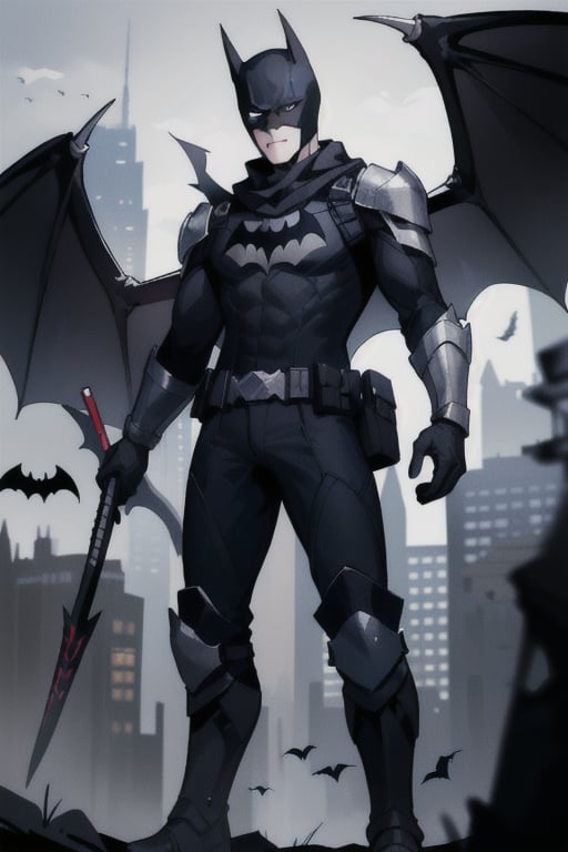 The animated version of Batman that belongs to the movie "Justice League x RWBY: Super Heroes & Huntsmen - Part 1" (He does have black hair, dark blue eyes, black pants, gray boots, gray metal knee pads, a gray breastplate with a black bat symbol on the front and underneath, a black long-sleeved t-shirt, black metal bat-shaped shoulder pads, gray armbands with 3 side blades on the sides, gloves blacks, a gray scarf, a gray utility belt and the age of 17), where Batman/Bruce Wayne is a "Bat Faunus" (Human being with two oversized black bat wings emerging from his back), in a landscape night with bats flying around.