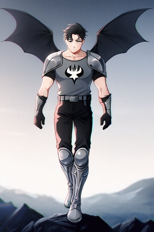 The animated version of Batman that belongs to the movie "Justice League x RWBY: Super Heroes & Huntsmen - Part 1" (He does have black hair, dark blue eyes, black pants, gray boots, gray metal knee pads, a gray breastplate with a black bat symbol on the front and underneath, a black long-sleeved t-shirt, black metal bat-shaped shoulder pads, gray armbands with 3 side blades on the sides, gloves blacks, a gray scarf, a gray utility belt and the age of 17), where Batman/Bruce Wayne is a "Bat Faunus" (Human being with two oversized black bat wings emerging from his back), in a landscape night with bats flying around.