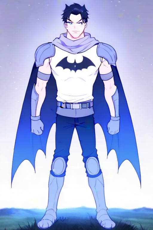 The animated version of Batman that belongs to the movie "Justice League x RWBY: Super Heroes & Huntsmen - Part 1" (He does have black hair, dark blue eyes, black pants, gray boots, gray metal knee pads, a gray breastplate with a black bat symbol on the front and underneath, a black long-sleeved t-shirt, black metal bat-shaped shoulder pads, gray armbands with 3 side blades on the sides, gloves blacks, a gray scarf, a gray utility belt and the age of 17), where Batman/Bruce Wayne is a "Bat Faunus" (Human being with two oversized black bat wings emerging from his back), in a landscape night.