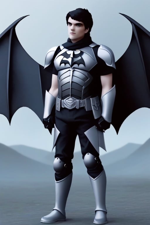 The animated version of Batman that belongs to the movie "Justice League x RWBY: Super Heroes & Huntsmen - Part 1" (He does have black hair, dark blue eyes, black pants, gray boots, gray metal knee pads, a gray breastplate with a black bat symbol on the front and underneath, a black long-sleeved t-shirt, black metal bat-shaped shoulder pads, gray armbands with 3 side blades on the sides, gloves blacks, a gray scarf, a gray utility belt and the age of 17), where Batman/Bruce Wayne is a "Bat Faunus" (Human being with two oversized black bat wings emerging from his back), in a landscape night.