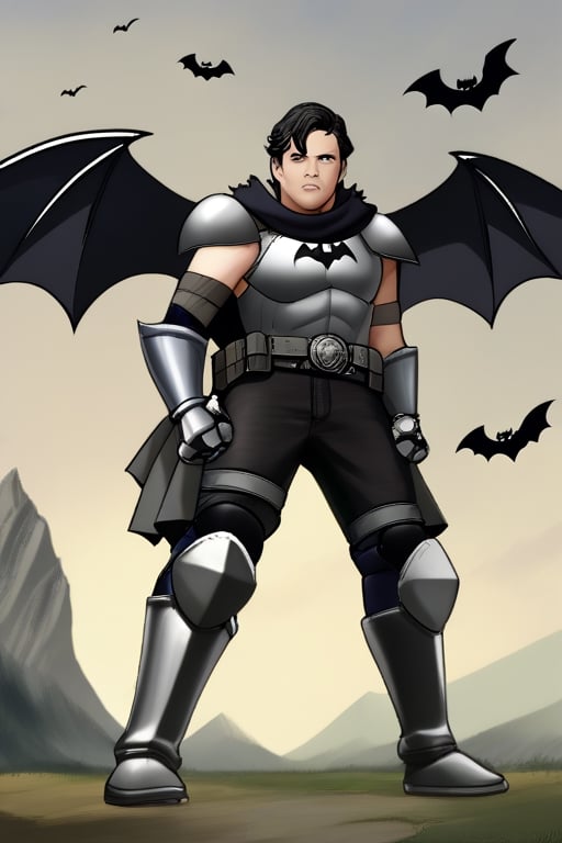 The animated version of Batman that belongs to the movie "Justice League x RWBY: Super Heroes & Huntsmen - Part 1" (He does have black hair, dark blue eyes, black pants, gray boots, gray metal knee pads, a gray breastplate with a black bat symbol on the front and underneath, a black long-sleeved t-shirt, black metal bat-shaped shoulder pads, gray armbands with 3 side blades on the sides, gloves blacks, a gray scarf, a gray utility belt and the age of 17), where Batman/Bruce Wayne is a "Bat Faunus" (Human being with two oversized black bat wings emerging from his back), in a landscape night.