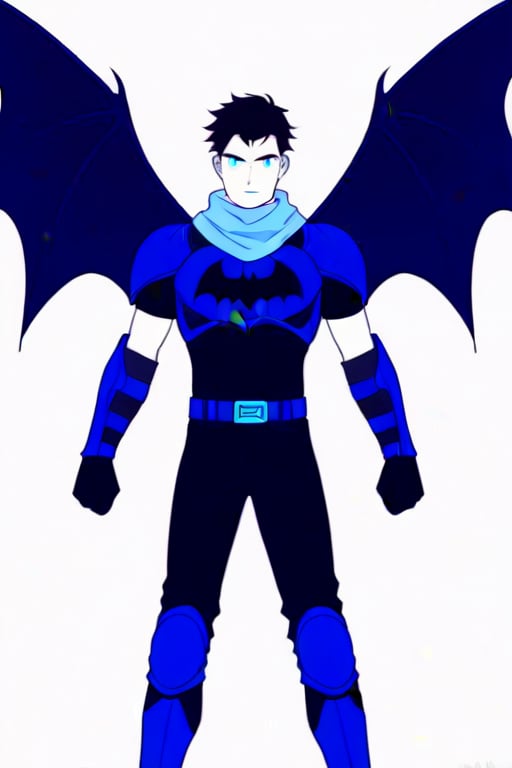 The animated version of Batman that belongs to the movie "Justice League x RWBY: Super Heroes & Huntsmen - Part 1" (He does have black hair, dark blue eyes, black pants, gray boots, gray metal knee pads, a gray breastplate with a black bat symbol on the front and underneath, a black long-sleeved t-shirt, black metal bat-shaped shoulder pads, gray armbands with 3 side blades on the sides, gloves blacks, a gray scarf, a gray utility belt and the age of 17), where Batman/Bruce Wayne is a "Bat Faunus" (Human being with two oversized black bat wings emerging from his back), in a landscape night with bats flying around..