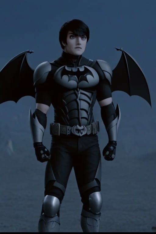 The animated version of Batman that belongs to the movie "Justice League x RWBY: Super Heroes & Huntsmen - Part 1" (He does have black hair, dark blue eyes, black pants, gray boots, gray metal knee pads, a gray breastplate with a black bat symbol on the front and underneath, a black long-sleeved t-shirt, black metal bat-shaped shoulder pads, gray armbands with 3 side blades on the sides, gloves blacks, a gray scarf, a gray utility belt and the age of 17), where Batman/Bruce Wayne is a "Bat Faunus" (Human being with two oversized black bat wings emerging from his back), in a landscape night.,Movie Still