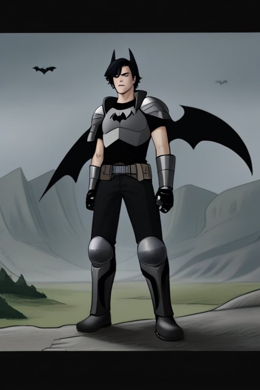 The animated version of Batman that belongs to the movie "Justice League x RWBY: Super Heroes & Huntsmen - Part 1" (He does have black hair, dark blue eyes, black pants, gray boots, gray metal knee pads, a gray breastplate with a black bat symbol on the front and underneath, a black long-sleeved t-shirt, black metal bat-shaped shoulder pads, gray armbands with 3 side blades on the sides, gloves blacks, a gray scarf, a gray utility belt and the age of 17), where Batman/Bruce Wayne is a "Bat Faunus" (Human being with two oversized black bat wings emerging from his back), in a landscape night.