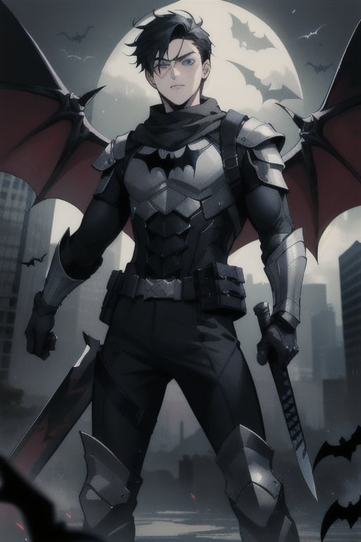 The animated version of Batman that belongs to the movie "Justice League x RWBY: Super Heroes & Huntsmen - Part 1" (He has black hair, dark blue eyes, black pants, gray boots with metal armor along them up to the knees, a gray breastplate with a black bat symbol on the chest and underneath, a black long-sleeved t-shirt, black metal bat-shaped shoulder pads, gray armbands with 3 side blades on the sides, black gloves, a gray scarf, a gray utility belt, 2 rapier type swords and the age of 17), where Batman/Bruce Wayne is a "Bat Faunus" (Human being with two huge black bat wings emerging from his back), in a landscape night with bats flying around.,green theme